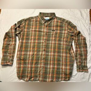 Columbia Men's Button Down Plaid Long Sleeve Cotton Orange Brown  Shirt XL